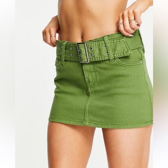 Bershka Micro 90s Buckle Detail Low Rise Ultra Mini Skirt In Khaki Green Size 6 - Picture 13 of 13